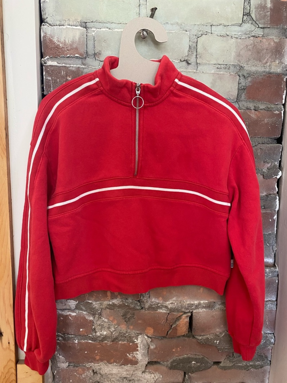 Red BDG Half-Zip Cropped Pullover with White Stripe Detail